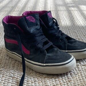Girls Black & Magenta Glitter High Top Vans Size 2